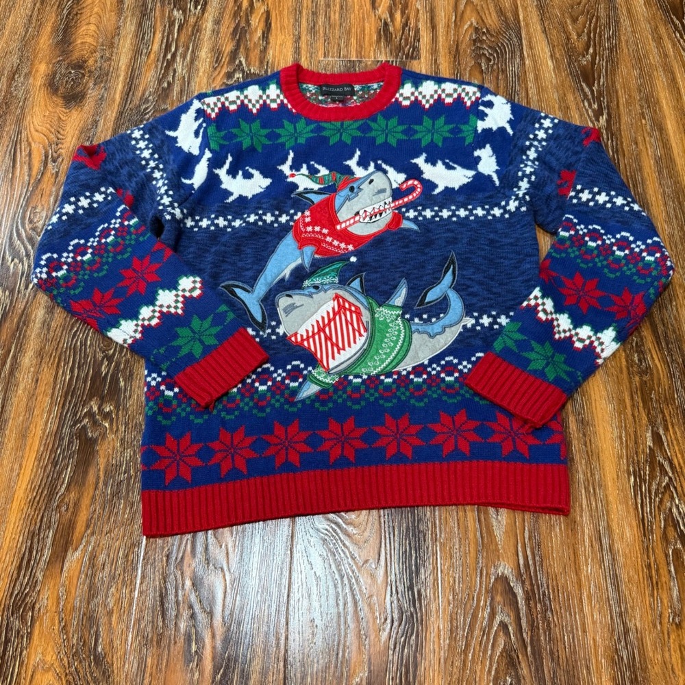Blizzard Bay Mens Size L Ugly Christmas Sweater Shark Fair Isle Blue Red Shirt